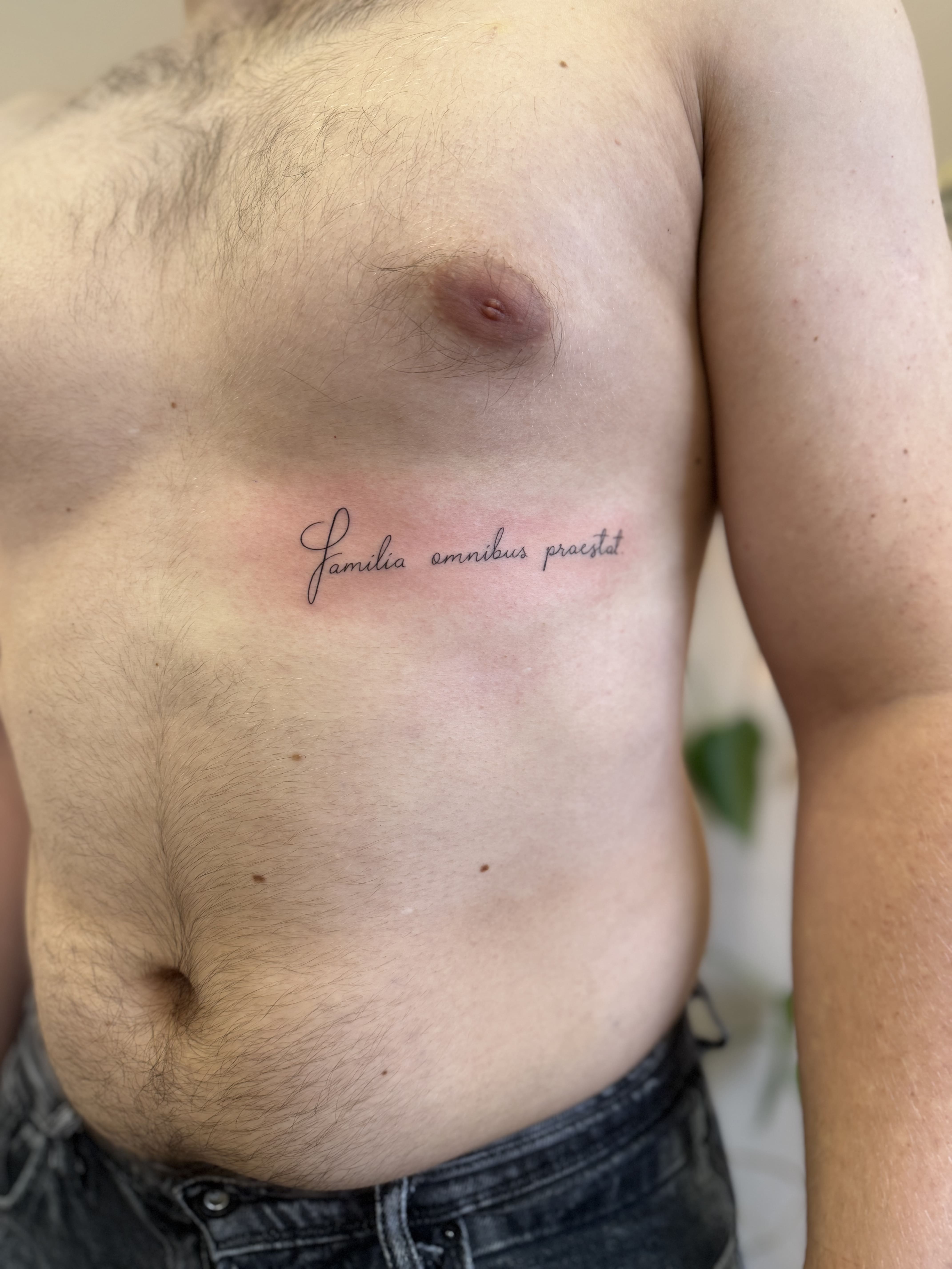 Тату латинський текст, чоловіче, груди / Latin text tattoo, male, chest